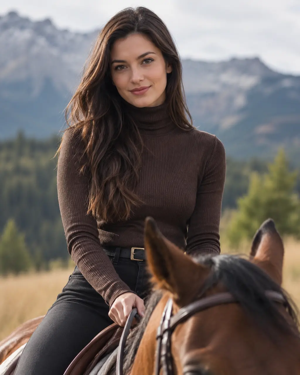 Original photo of a brunette woman riding a horse